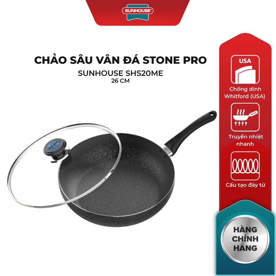 Chảo sâu lòng vân đá Stone Pro chống dính Vung kính cường lực siêu bền Sunhouse SHS26ME - Dùng trên mọi loại bếp - Hàng chính hãng