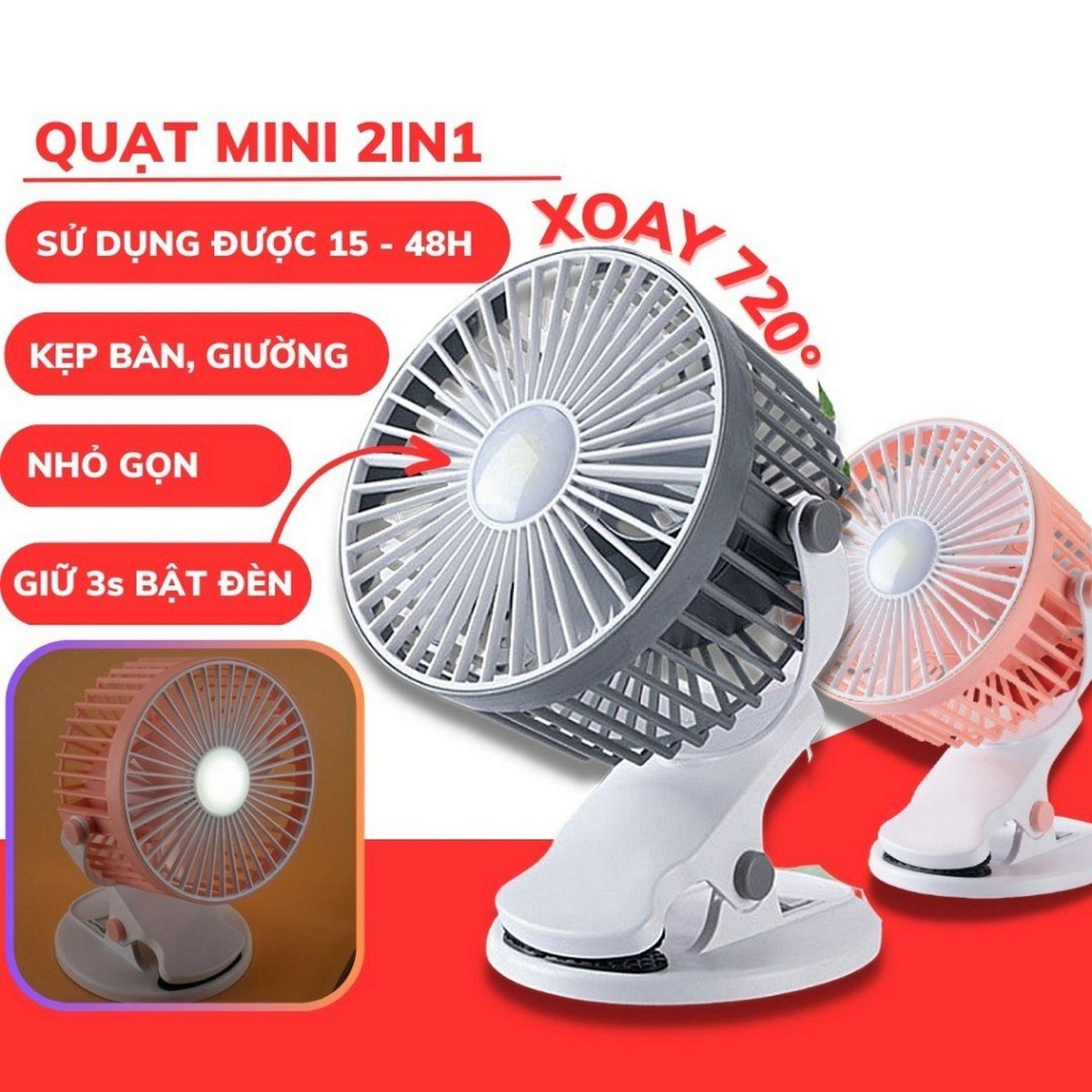 Quạt Kẹp Bàn Pin Sạc Có Đèn Led 3 Chế Độ Siêu Mát Xoay 720 Độ