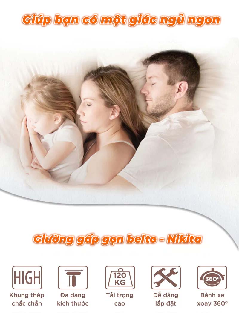 Giường ngủ gấp gọn tiện lợi Belto màu nâu, Có thể gấp đôi cất gọn, Rộng 80/90Cm, Chính Hãng NIKITA