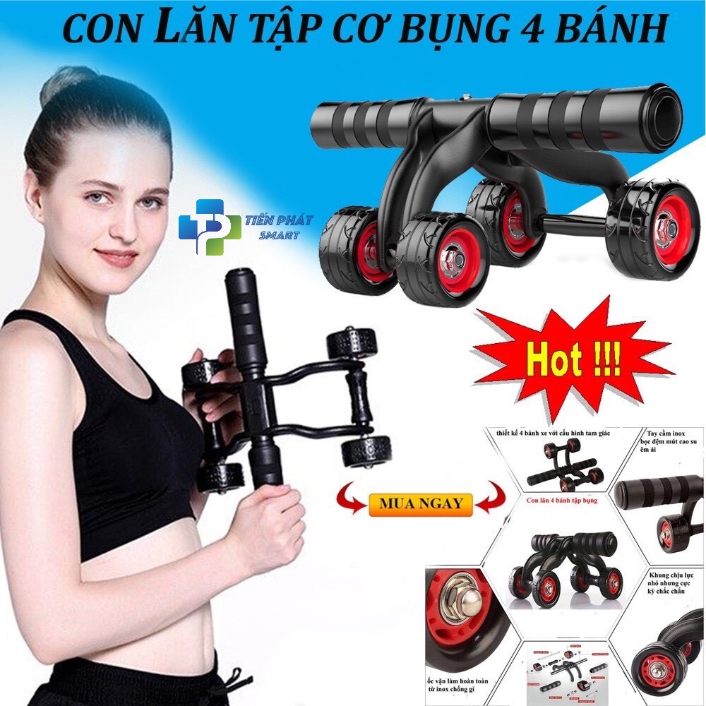 Con Lăn Tập Cơ Bụng 4 Bánh Chính Hãng(TẶNG KÈM CHẶN VÀ THẢM QUỲ GỐI)