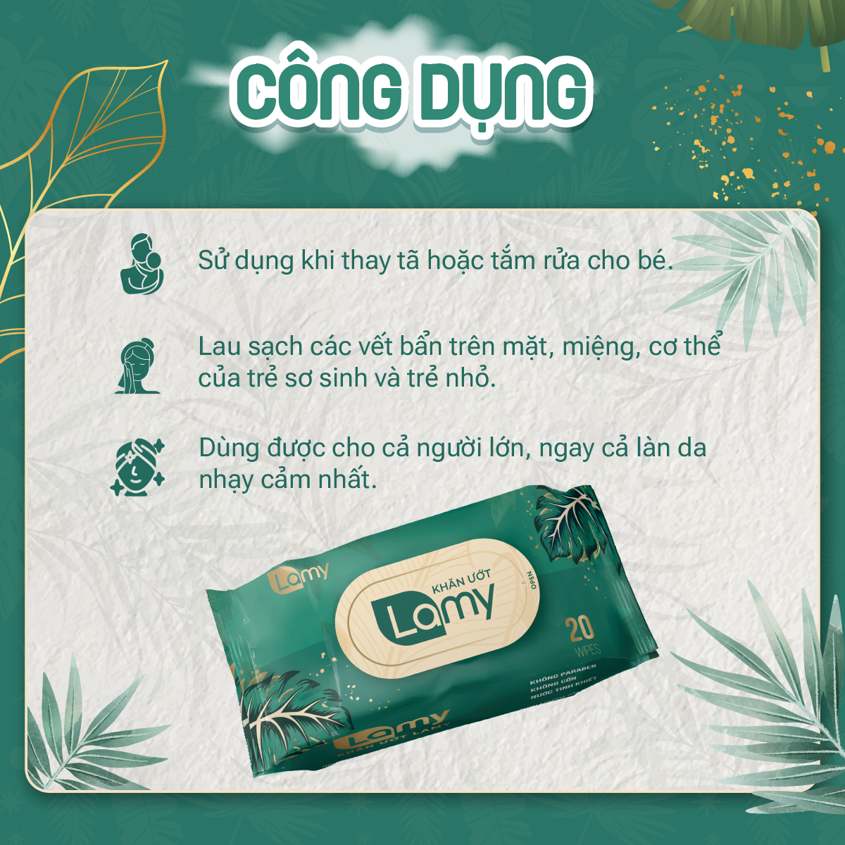 Khăn ướt LAMY 20 tờ cao cấp dành cho em bé không cồn không parabens an toàn cho da nhạy cảm