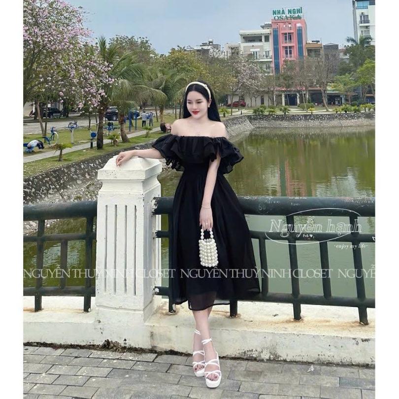 Đầm voan xoè trễ vai phối bèo 2 lớp