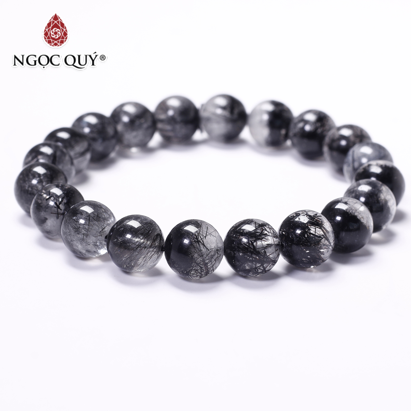 Vòng tay đá thạch anh tóc đen hạt 10mm bạc mệnh thủy, mộc - Ngọc Qúy Gemstones