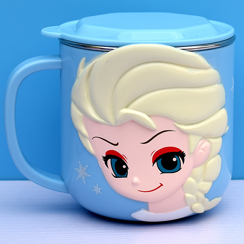 Ly inox giữ nhiệt , cốc có quai cầm 260ml hình công chúa Elsa Frozen nổi 3D màu xanh cho trẻ em , bé gái  - 97VNDP2288