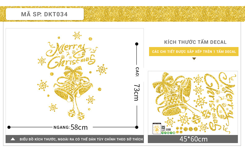 Decal trang trí noel 2 mặt nhủ vàng hình chuông