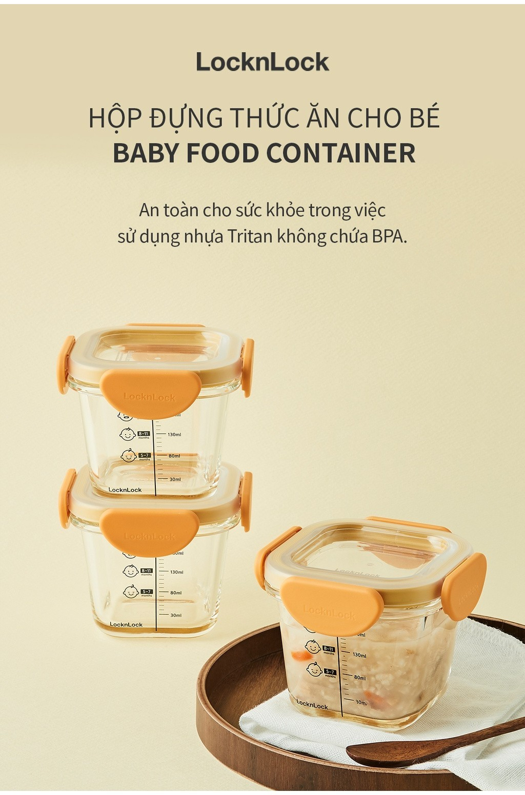 Bộ 3 hộp thủy tinh đựng thức ăn dặm cho bé Lock&amp;Lock 230ml x 3 hộp LLG508S3 - Hàng chính hãng, có vạch chia - JoyMall
