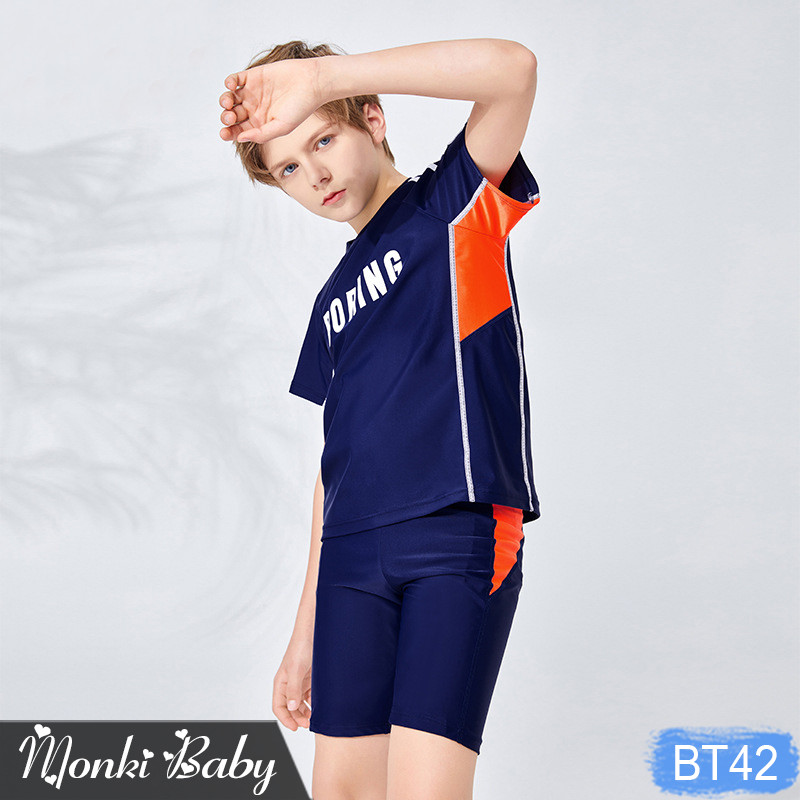 Hình ảnh Đồ bơi bé trai size lớn, dáng áo thun cộc tay quần sooc đùi dài, phối màu thể thao năng động, size đại đến 56kg | BT42