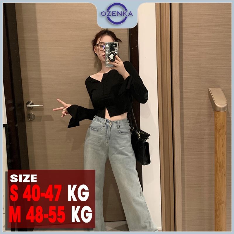 Áo croptop tay dài nữ sẻ gấu kiểu cổ rộng ozenka , áo crt thu đông thun cotton 100% màu đen trắng size dưới 55 kg