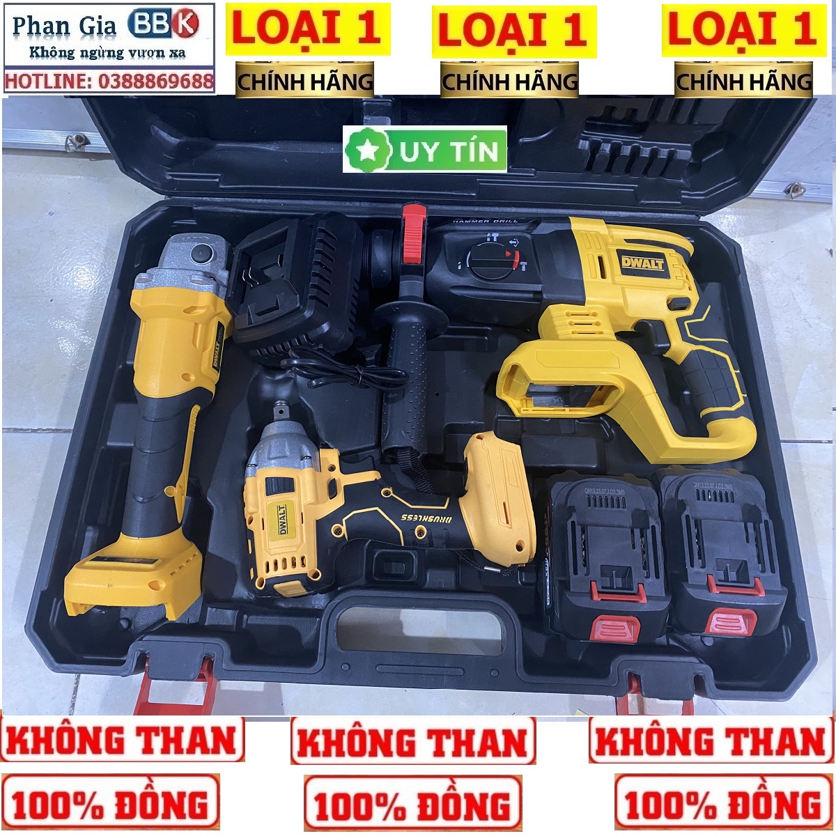 Bộ Combo 3 Trong 1 Gồm Máy Khoan Đục Bê Tông, Máy Mài Và Máy Siết Bulong Dùng Pin 199V, 2 Pin 15 Cell, Động Cơ Không Chổi Than (Tặng kèm hộp đựng)