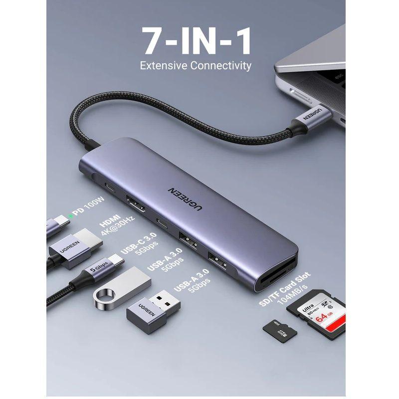 Ugreen UG15214CM195TK to 2 x USB 3.0 + 1 x USB-C 5gbps + 1 x USB-C PD 100W + 1 x HDMI 4k30Hz + 1 x SD + 1 x TF Bộ chuyển đổi USB type C - HÀNG CHÍNH HÃNG