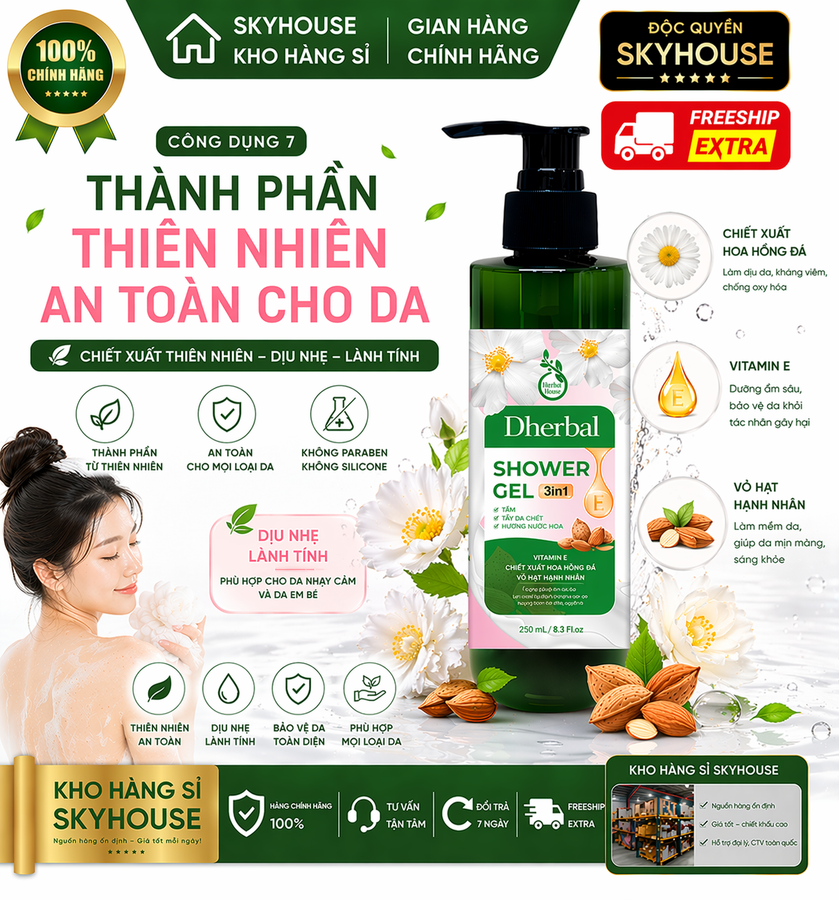 Sữa tắm trắng da 3in1 thiên nhiên độc quyền DHERBAL chai 250ml sữa tắm dưỡng ẩm thơm lâu chính hãng