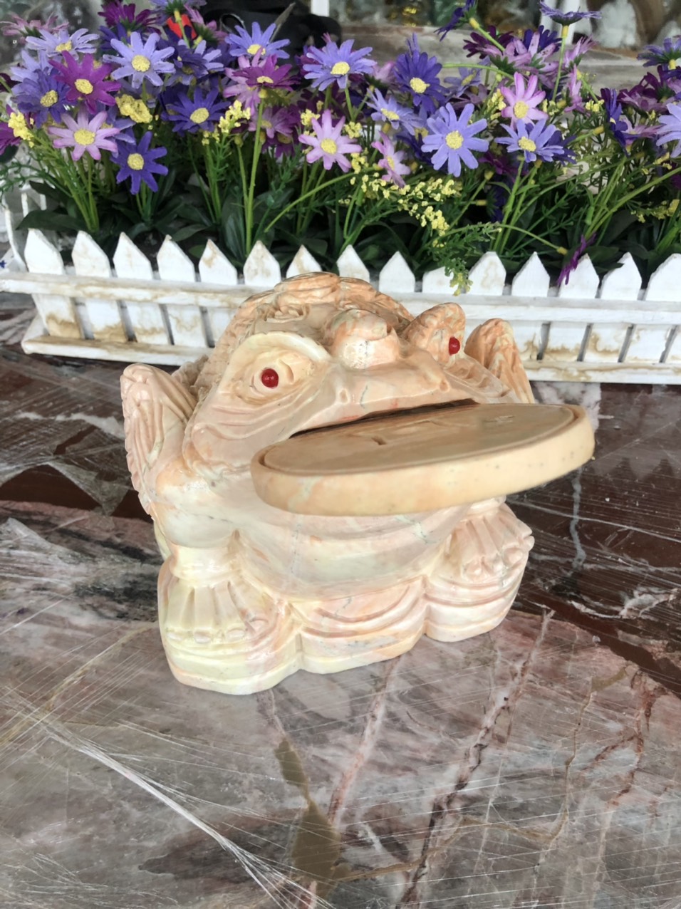 Tượng Cóc Ba Chân, Cóc Ngậm Tiền, Thiềm Thừ phong thủy chiêu tài lộc đá ngọc serpentine - Dài 15 cm