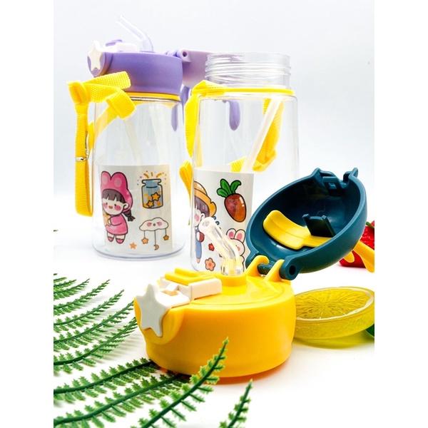 Bình Nước Nhựa Có Ống Hút Hình Sừng Hươu Hoạt Hình 600ML Dành Cho Bé