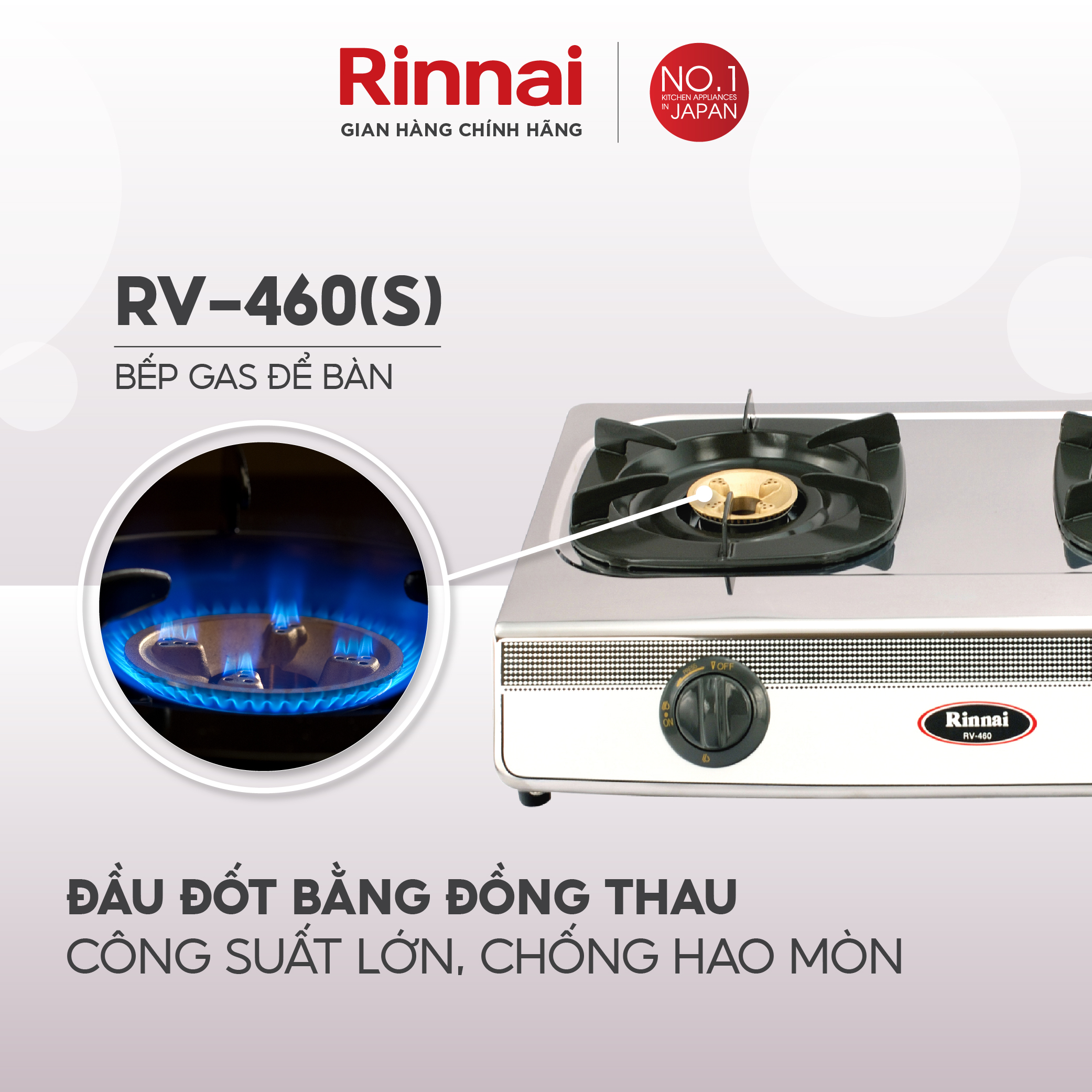 Bếp gas dương Rinnai RV-460(S) mặt bếp inox và kiềng bếp men - Hàng chính hãng.
