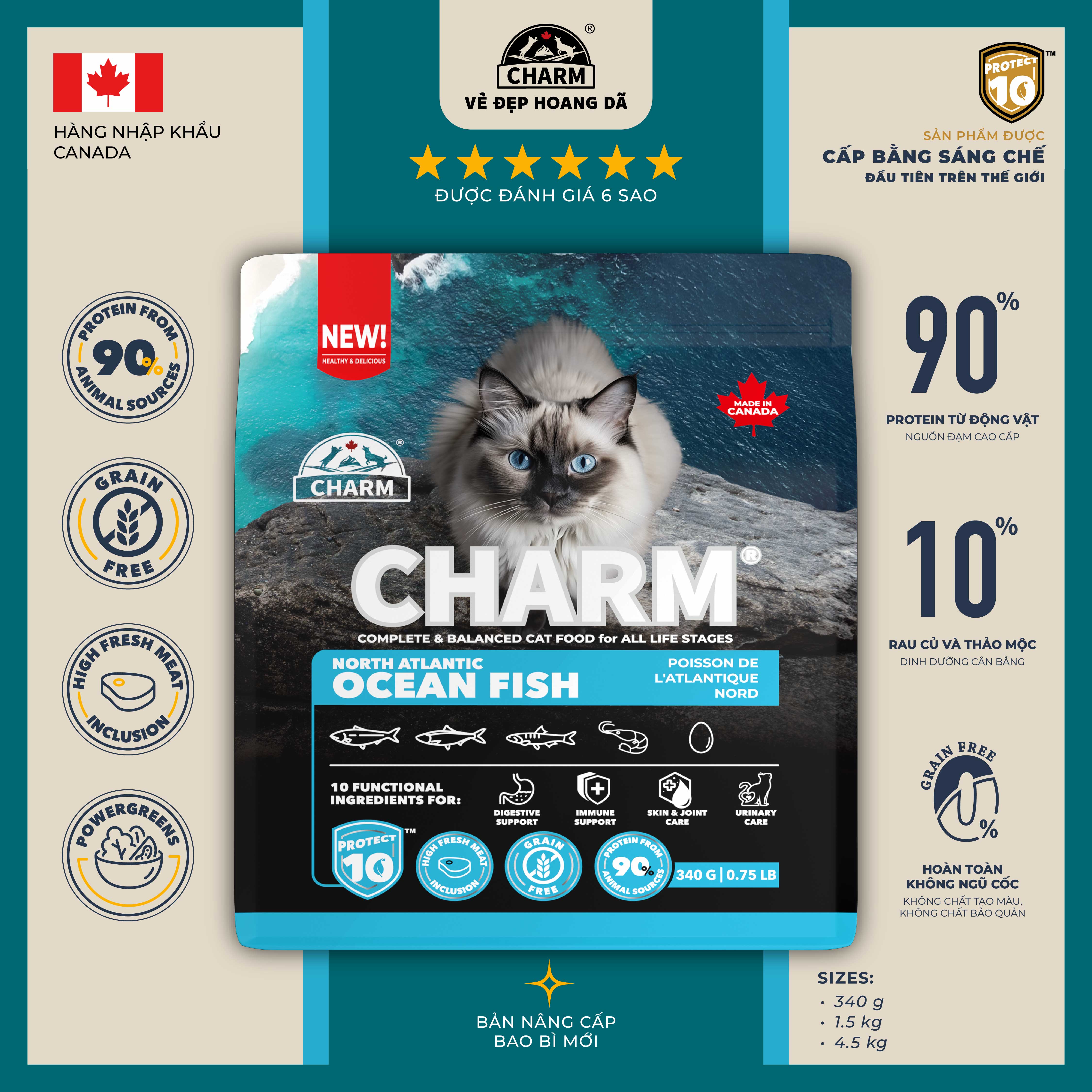 Thức Ăn Hạt Mèo cao cấp Cá Đại Dương CHARM North Atlantic Ocean Fish Cat Food Canada - CHỌN