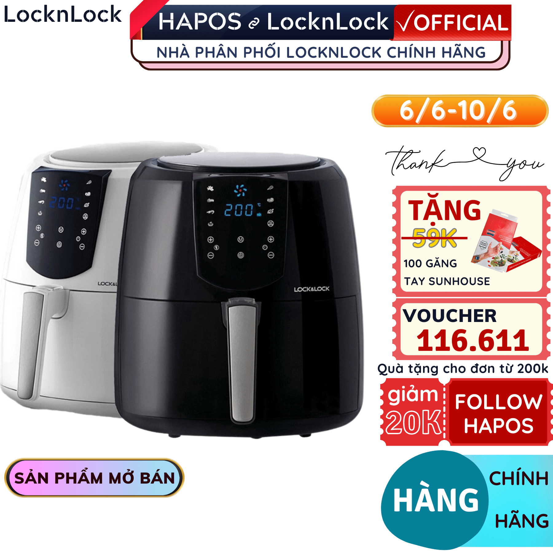 Nồi chiên không dầu Lock&amp;Lock điện tử EJF357 5.2 Lít tặng kèm chảo nướng 1,7L - Hàng chính hãng - Hapos