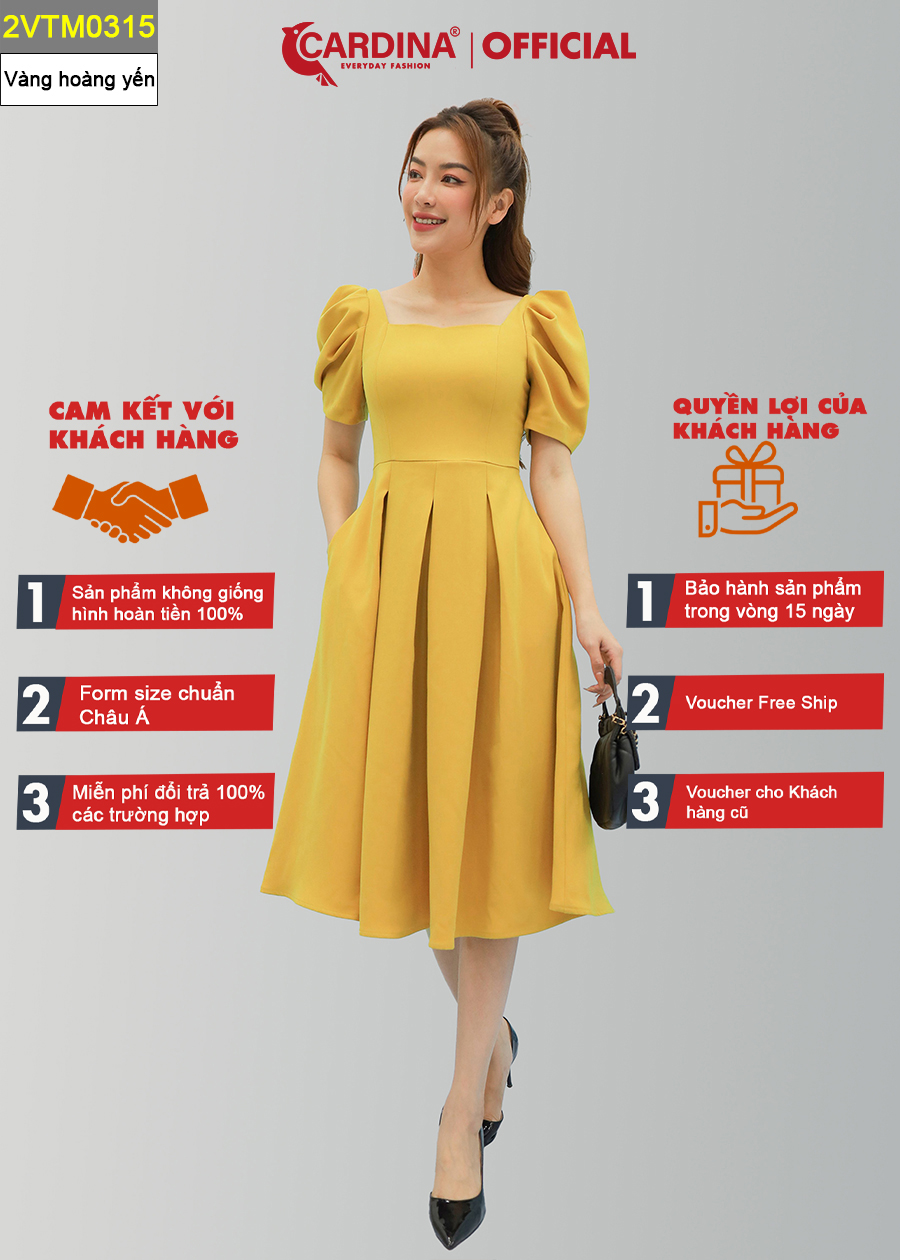 Đầm Nữ CARDINA Chất Tuyết Mưa Cao Cấp Xếp Ly Dáng Xòe Chữ A Cổ Vuông Tay Bồng Tôn Dáng Sang Trọng 2VTM03
