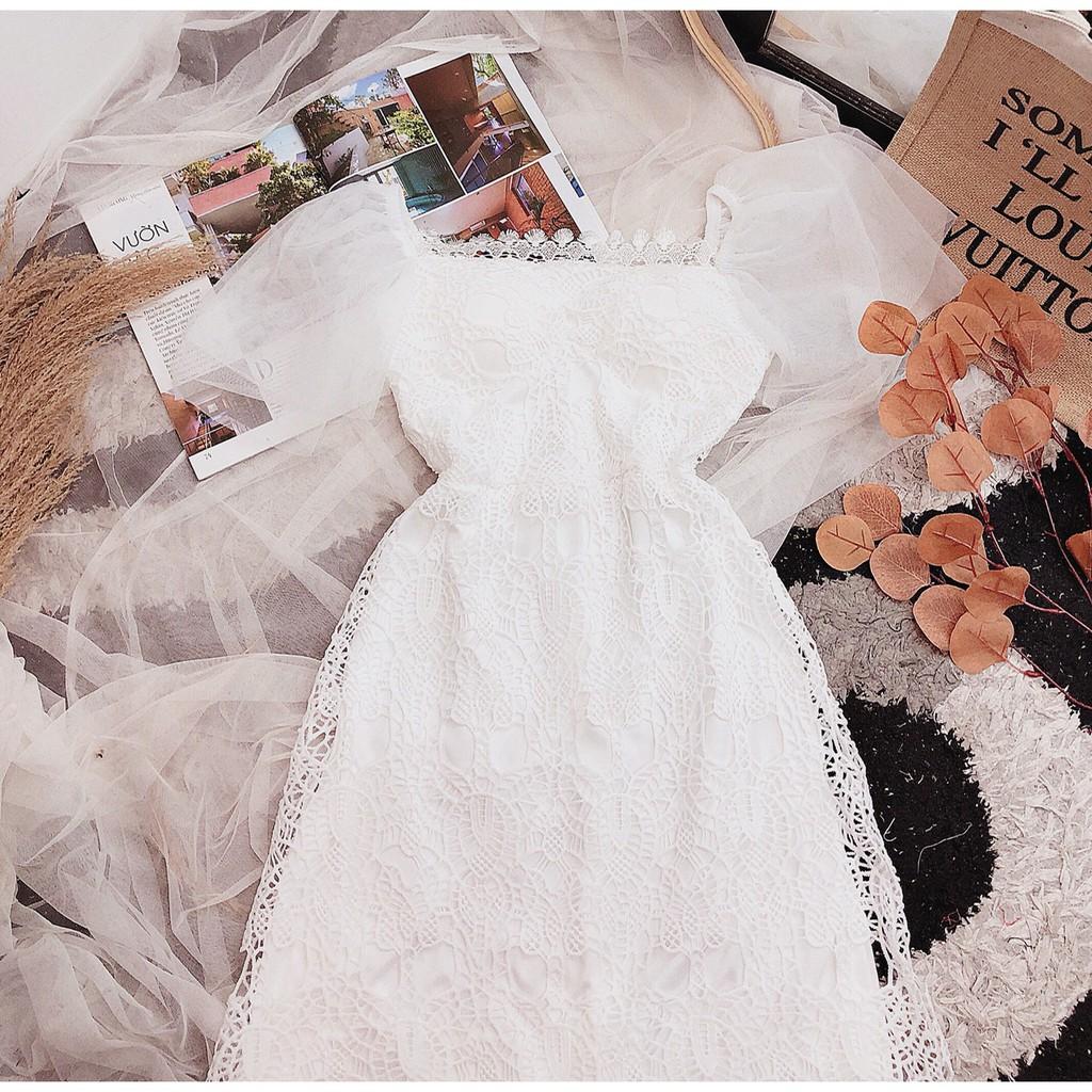 Đầm nữ thời trang dự tiệc cổ vuông chất vải ren hoa nổi cao cấp phối tay voan lưới cánh tiên màu trắng WHITE DRESS