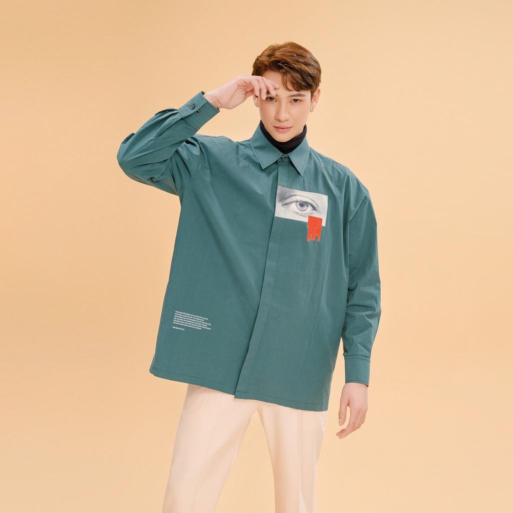 Áo sơ mi Y218 Beyond Shirt tay dài màu xanh rêu in hình
