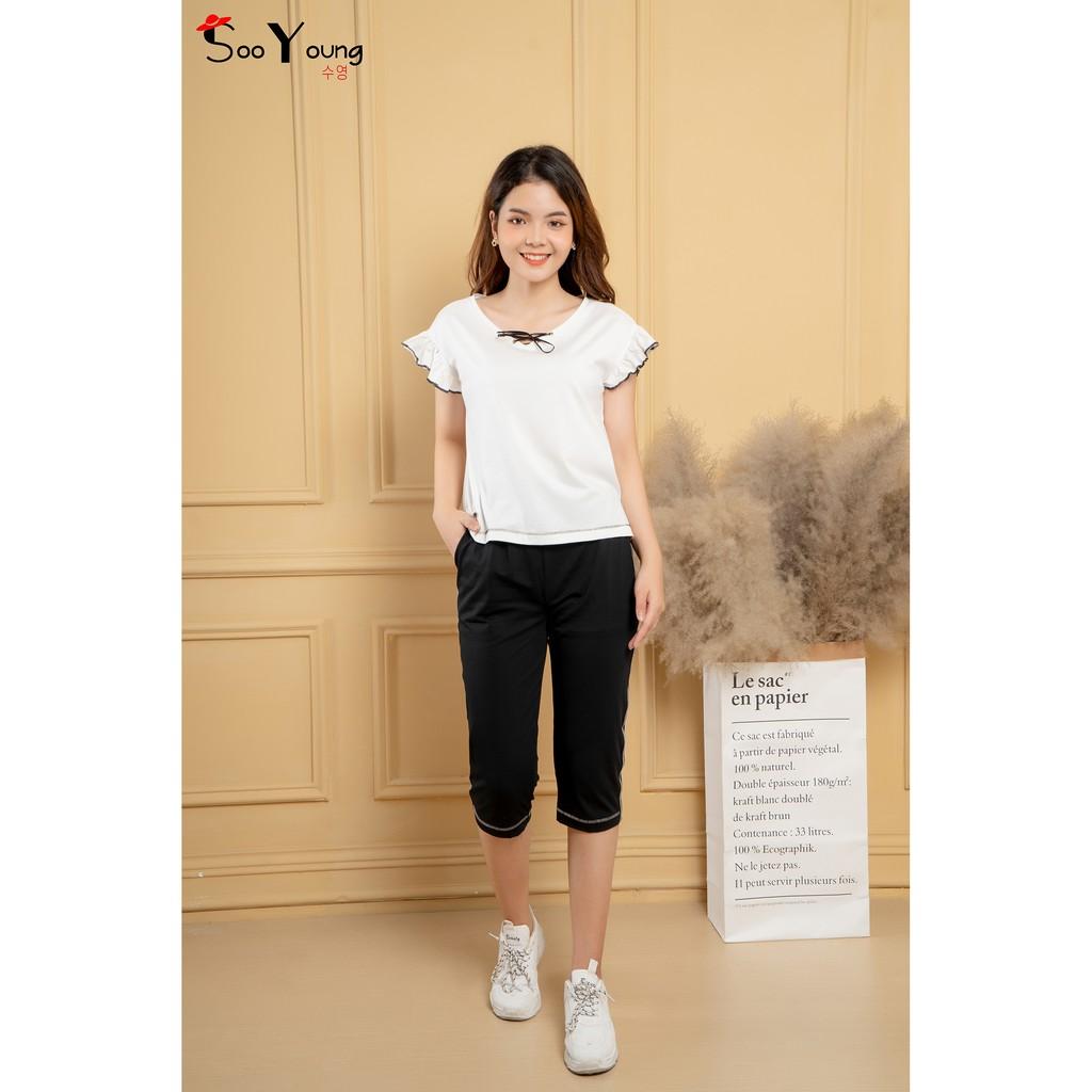 Bộ thun cotton bèo vai cổ tim đan chéotay cánh tiên- Sooyoung