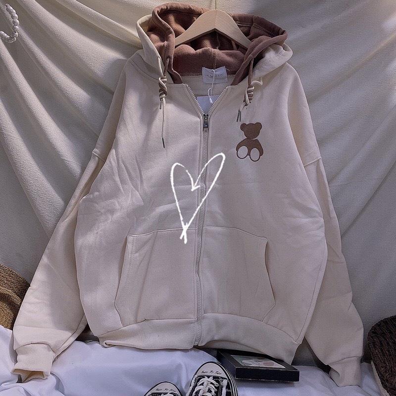 Áo Hoodie Nỉ Bông 2 NÓN THÊU GẤU Form Rộng FREE SIZE Unisex Ulzzang, Áo khoác hodie form rộng(có ảnh thật) có khoá kéo, Áo khoác nỉ ngoại chống nắng