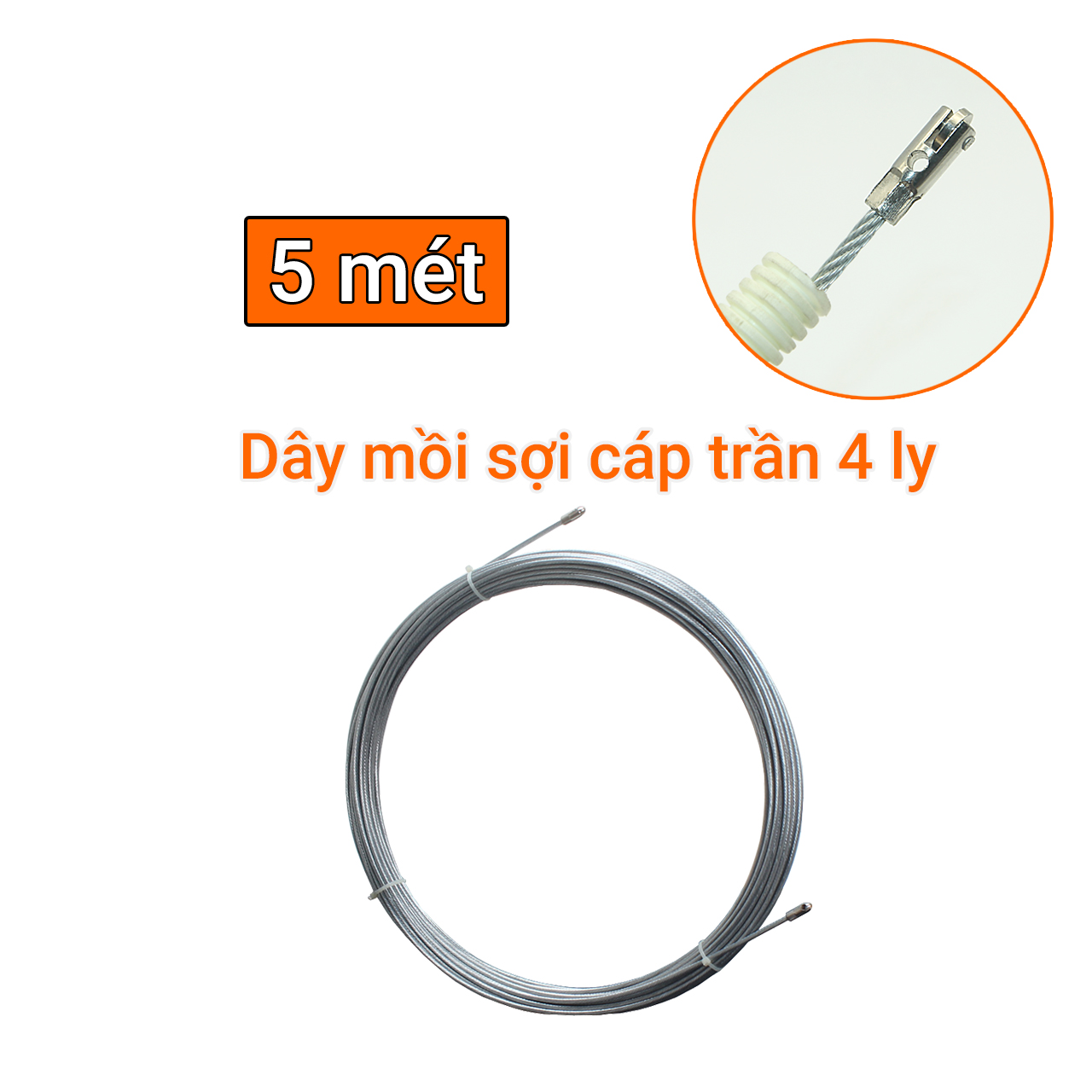 Dây mồi luồn ống sợi cáp trần 4 ly đầu bánh xe dài các cỡ 5/10/15/20m