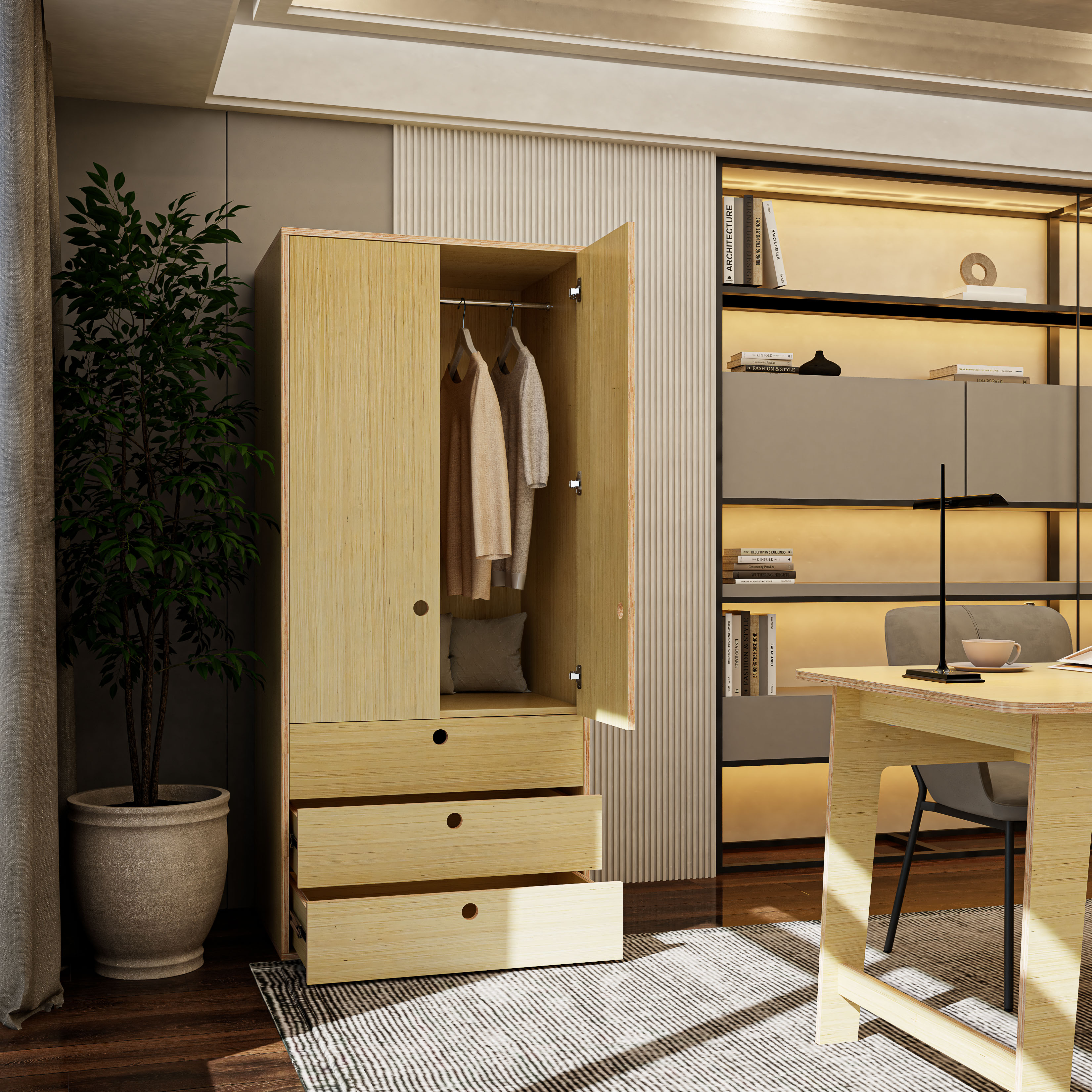 HAPPY FURNITURE , Gỗ tự nhiên , Tủ quần áo 2 cửa mở gỗ Plywood - SANARI , TCM_199 , 80cm x 59cm x 180cm DxRxC