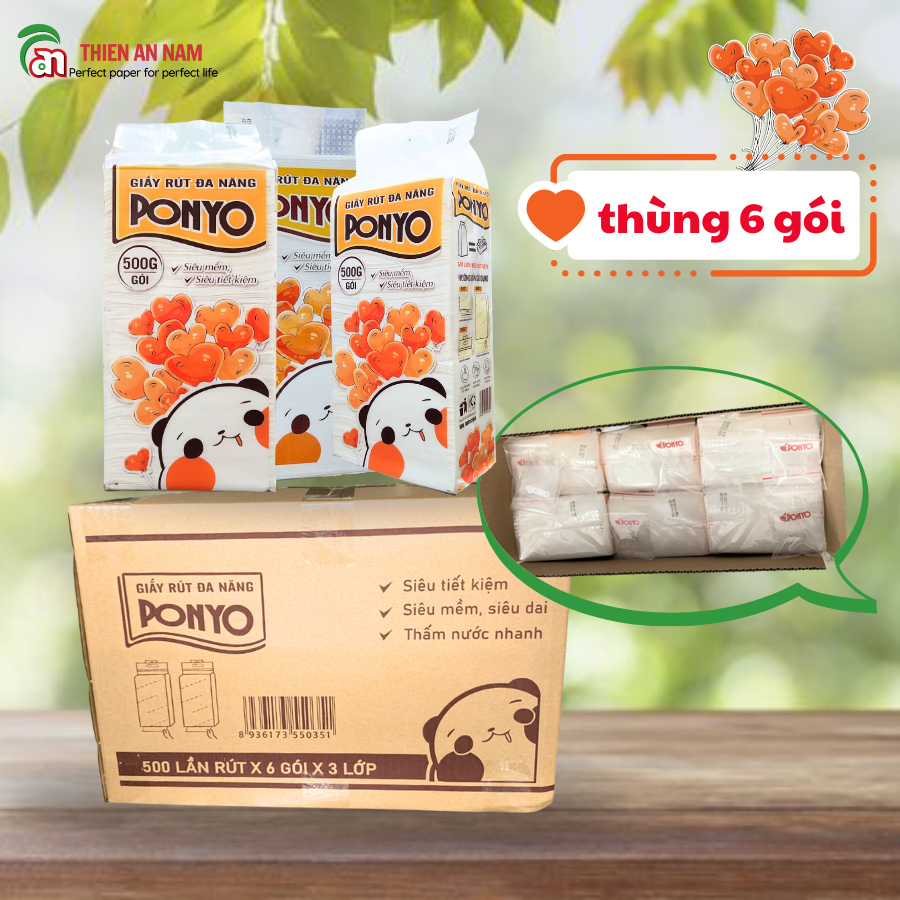 Thùng 6 Gói Khăn Giấy Rút Đa Năng Treo Tường Ponyo 500g