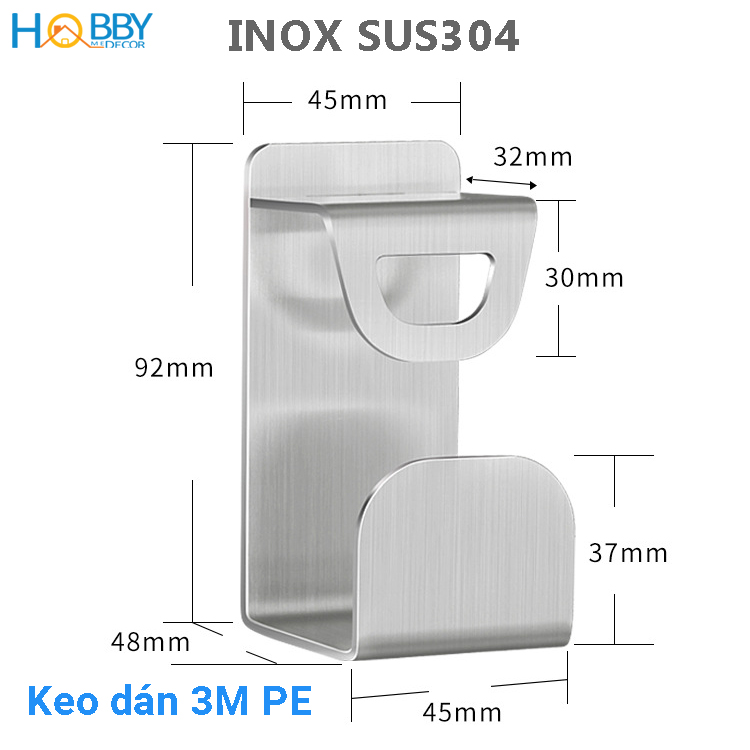 Móc treo thau chậu Inox 304 dán tường gạch men, kính HOBBY MTT có sẵn keo dán siêu dính