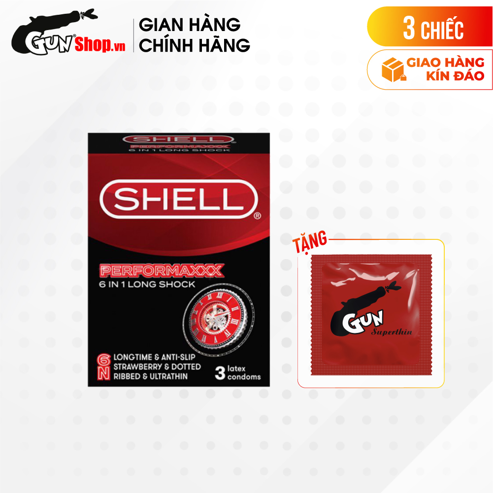 [Hộp 3 cái] Bao cao su Shell Performax 6 in 1 - Kéo dài thời gian kèm 1 chiếc BCS Gun Super Thin