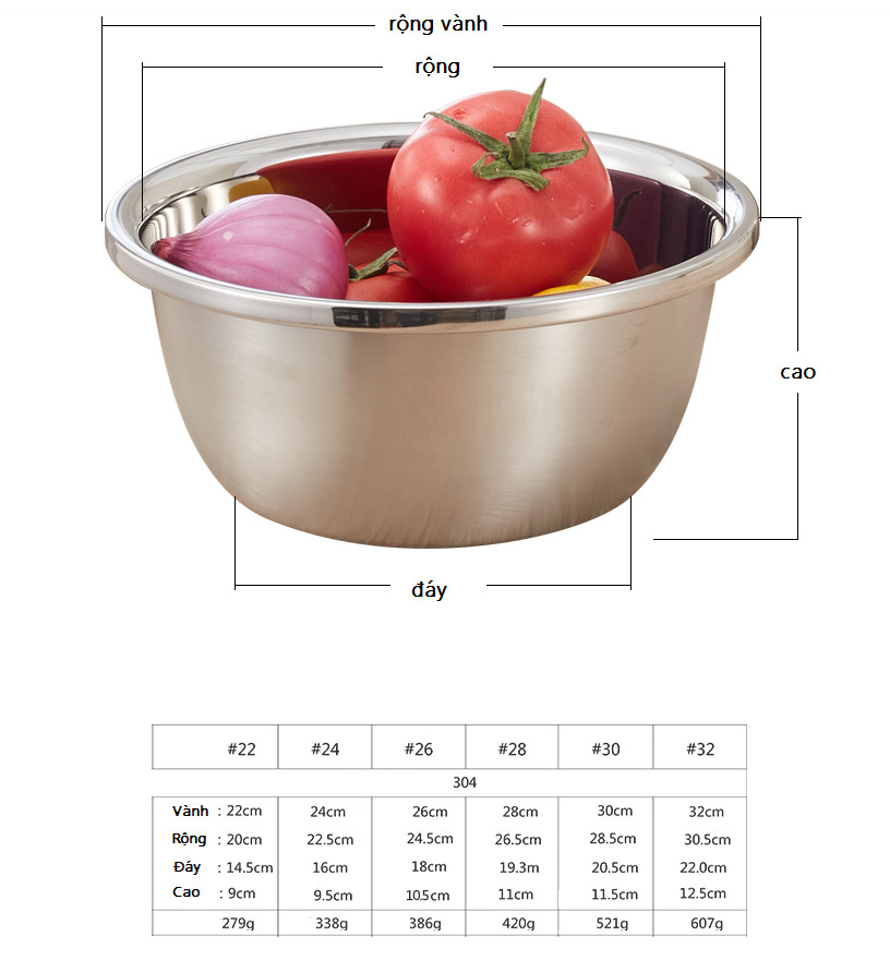 Bộ 6 Thau inox 304 ( 22cm 24cm 26cm 28cm 30cm 32cm )