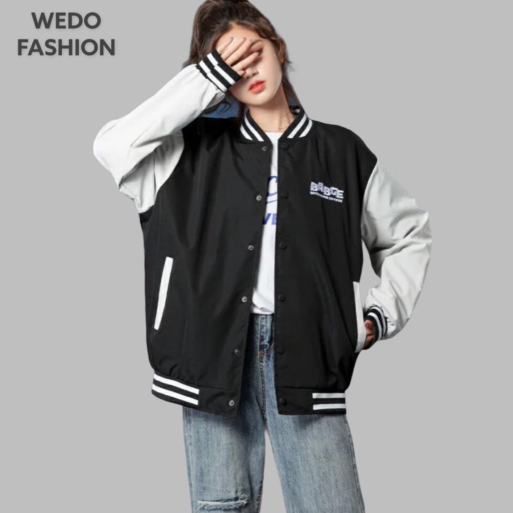 Áo khoác Bomber nữ BABGE, vải dù mero hai lớp cao cấp, logo thêu kèm nút bấm phối màu cá tính