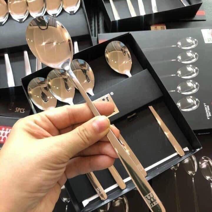 Thìa inox cao cấp set hộp 5 chiếc Muỗng ăn Hộp 5 thìa cán dài Hàn Quốc cho bé