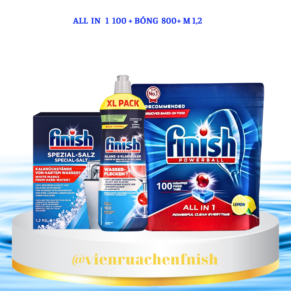 Combo rửa bát Finish Hộp All in one 100 viên, Muối 1.2kg, Nước làm bóng 740ml
