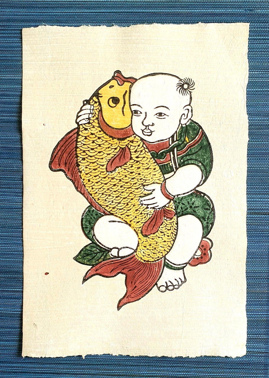 Bé ôm cá chép - Tranh dân gian Đông Hồ - Dong Ho folk woodcut painting