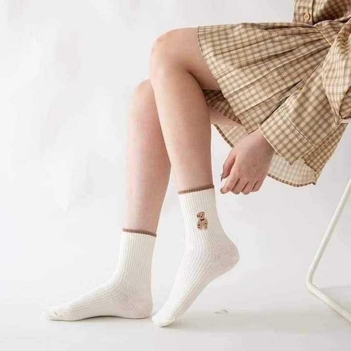 Set 5-10 Đôi Tất Nữ Cổ Cao, Tất Nữ Hoạt Tiết Gấu Siêu Cute, Tất Cao Cổ Mềm Mịn, Đẹp