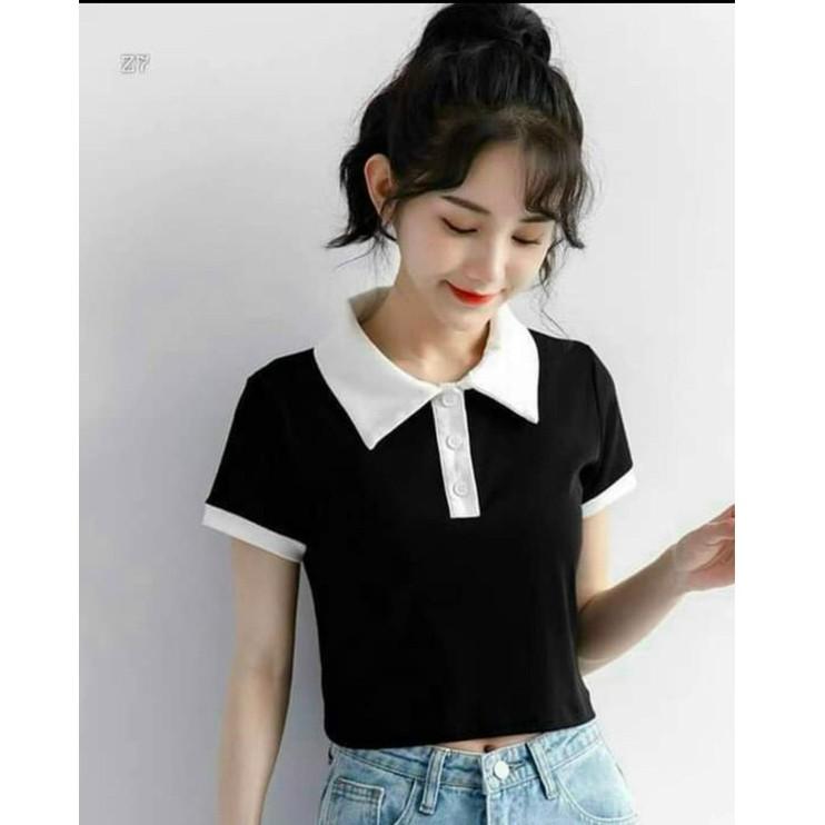 Áo croptop    Áo thun nữ cổ polo khác màu thời trang XIXO - ATN0036