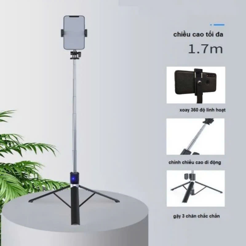 Gậy Tripod chụp ảnh tự sướng Selfie 3 chân gấp gọn 30cm, kéo dài 1M7 điều khiển từ xa có đèn Tripod chụp ảnh livestream - Hàng nhập khẩu