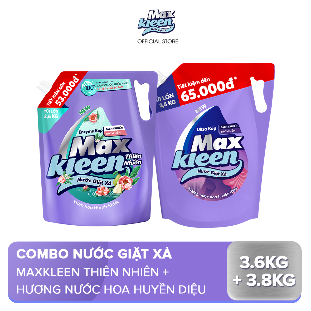 Combo Túi Nước Giặt Xả MaxKleen Thiên Nhiên 3.6kg + Túi Huyền Diệu 3.8kg