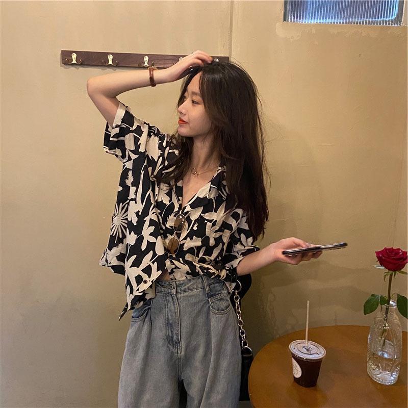 MS694 Áo sơ mi nữ hoa lá form rộng cộc tay