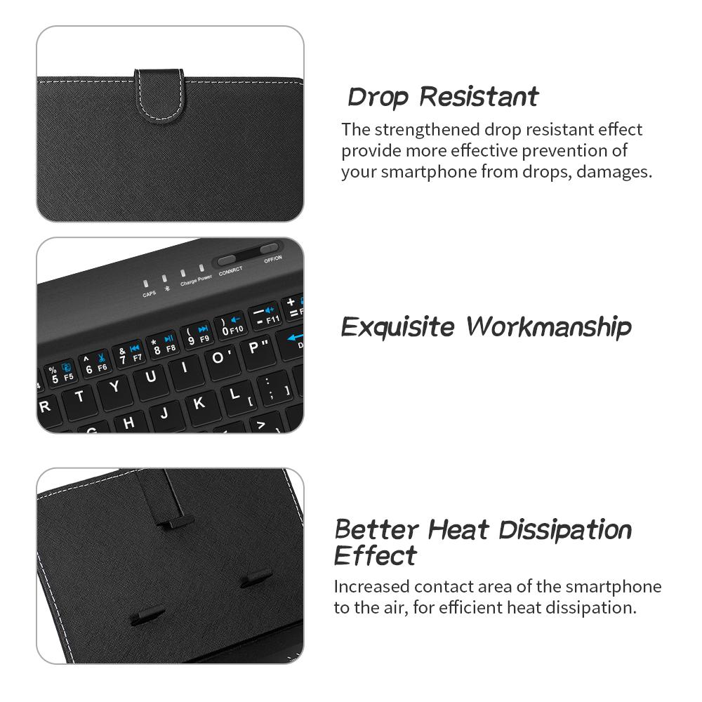 Portable PU Leather BT Wireless Keyboard with Protective Case Cover For 4.5-6.8inch Mobile Phones Black Keyboard