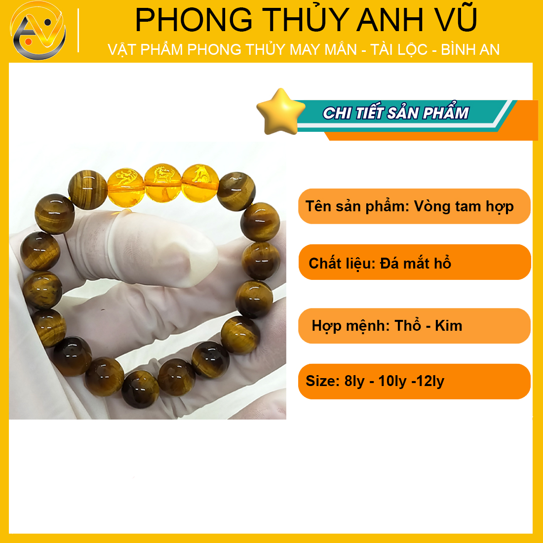 Vòng phong thủy mệnh thổ dần ngọ tuất chất liệu mắt hổ vàng nâu tự nhiên - size 8 10 12ly cho nam nữ - may mắn tài lộc - Vòng Tam Hợp Anh Vũ