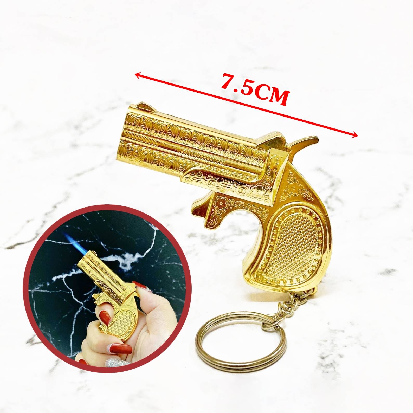 Hột quẹt bật lửa khè móc khóa hình súng hoa văn vàng (size: 7.5cm) - (xài gas)