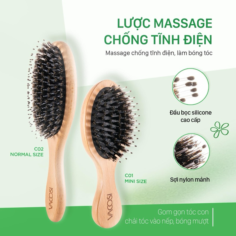 Lược gỗ massage chống tĩnh điện, làm bóng tóc VACOSI Hair Brush Mini size - C01