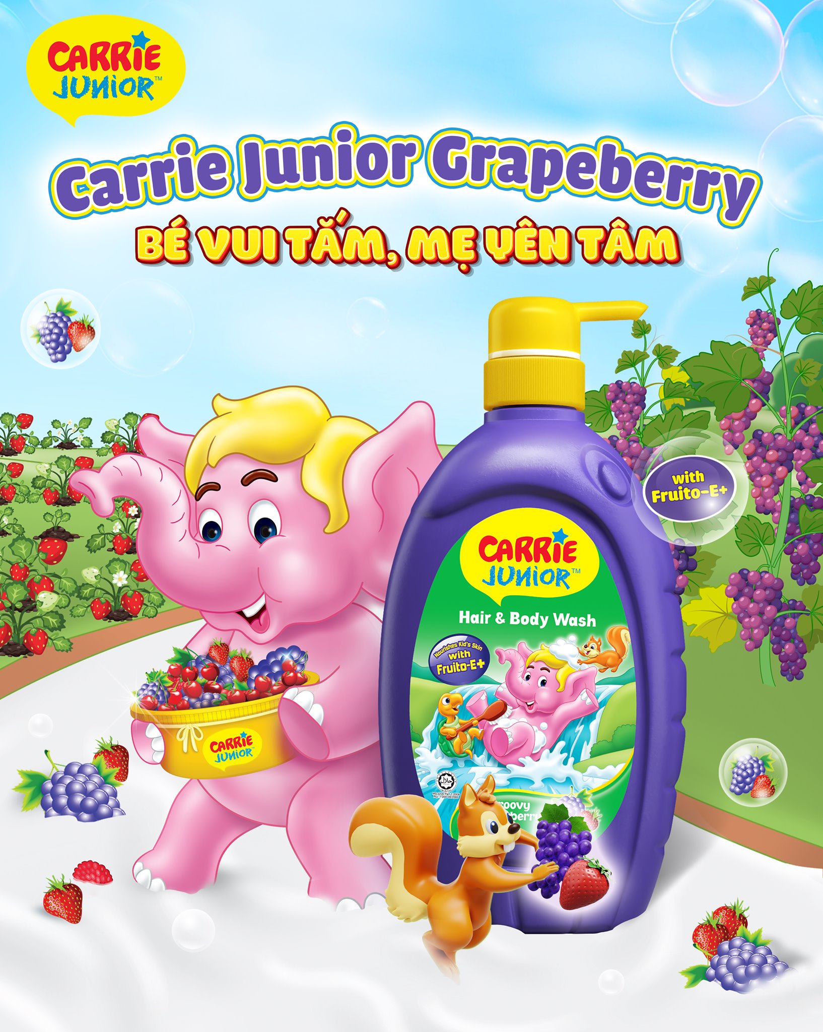 Sữa Tắm Gội cho bé Carrie Junior hương Grapeberry 700g TẶNG Voi bông (màu ngẫu nhiên)