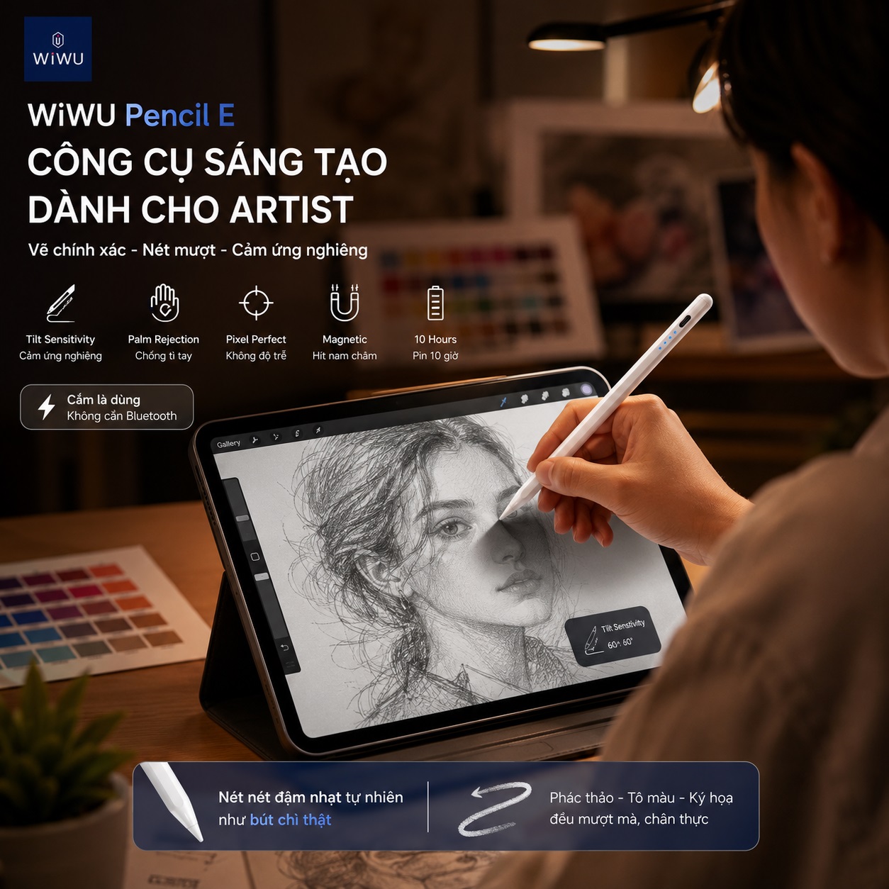 Bút cảm ứng styplus thông minh cho iPad không độ trễ hỗ trợ tì tay nét nghiêng cho iPad WIWU Pencil E - Hỗ trợ iPad Pro Air Mini đời 2018 trở lên - Palm Rejection | Magnetic | Sạc Type-C | Viết Không Độ Trễ | Tặng Ngòi Thay Thế - Hàng nhập khẩu