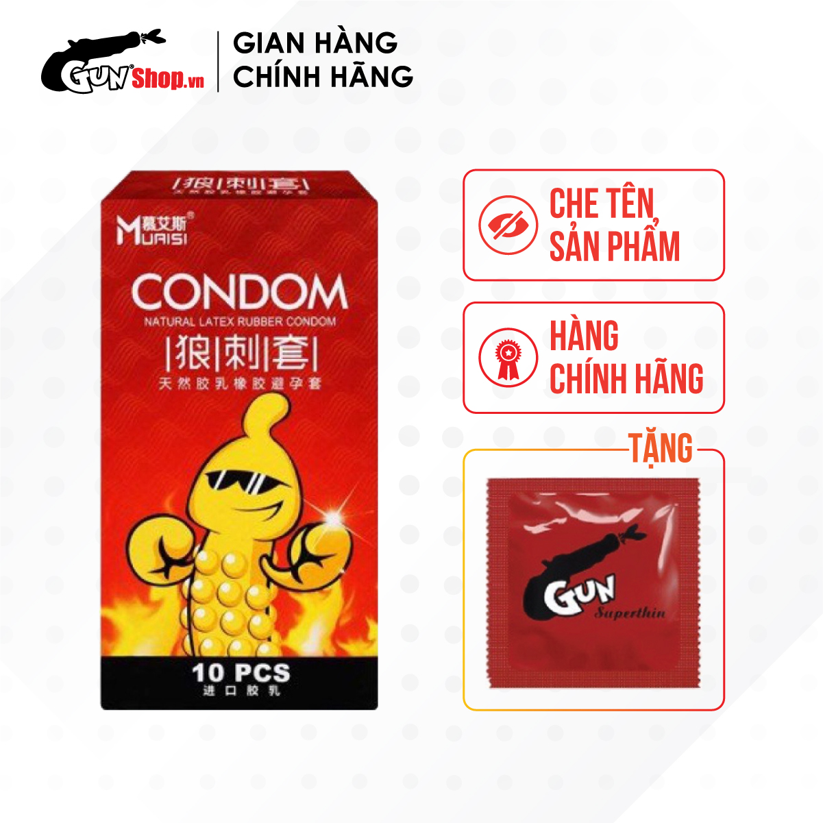 Bao cao su Condom Muaisi - Siêu điểm nổi, nóng ấm kèm 1 chiếc BCS Gun Super Thin