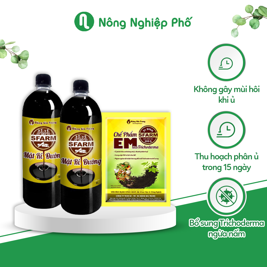 Combo 1 túi chế phẩm EM Sfarm 200gr và 2 chai mật rỉ đường Sfarm 1 lít