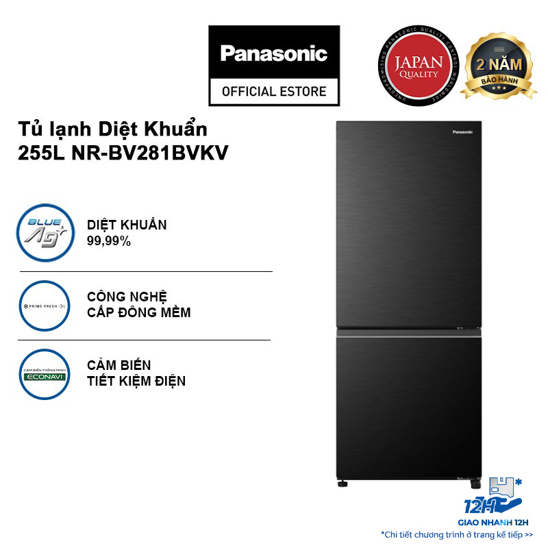 Tủ lạnh Panasonic Diệt Khuẩn 255L NR-BV281BVKV Cấp Đông Mềm - Ngăn Đá Dưới - Siêu Tiết Kiệm Điện Năng - Hàng chính hãng