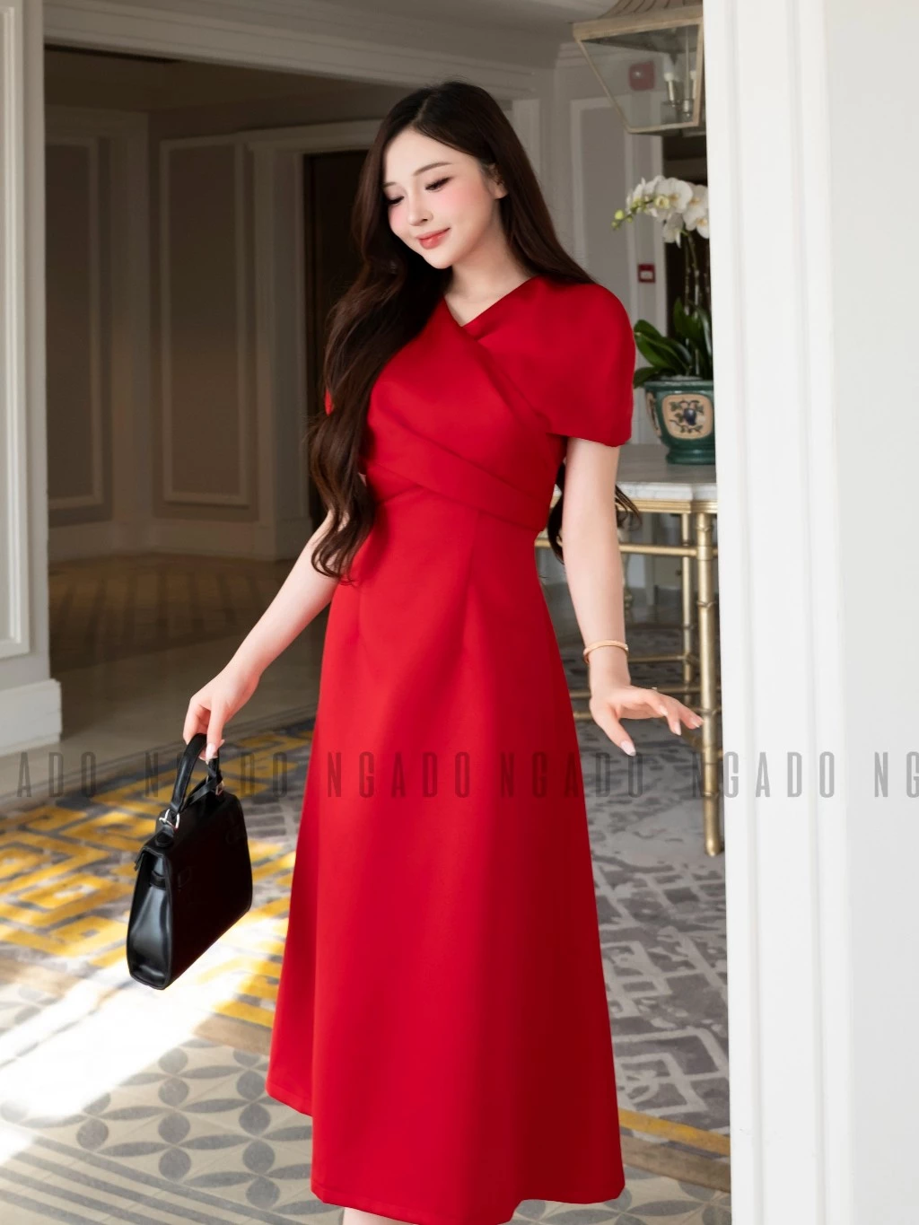 Đầm đỏ cổ V NGADO , đầm dự tiệc dáng dài , đầm công sở